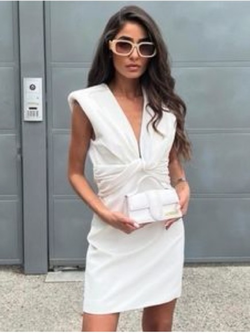 NWT ZARA Knot Front Shoulder Pad Detail Plunging V-Neck Dress White Size S